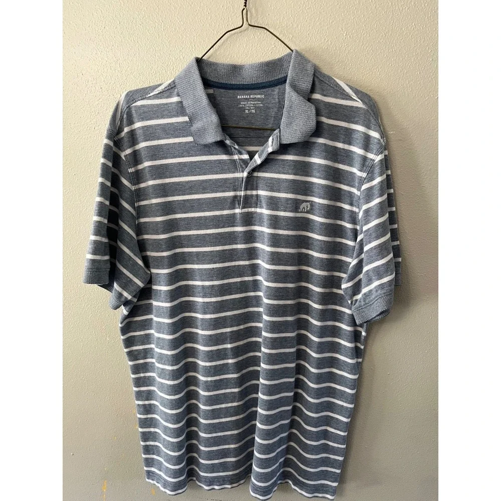 BANANA REPUBLIC Polo Shirt Striped Preppy Men XL Blue White Cotton Short Sleeve